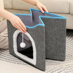 Foldable Pet Cat Calming Bed Hideaway Interactive House Nest Scratching Board - Dark Grey