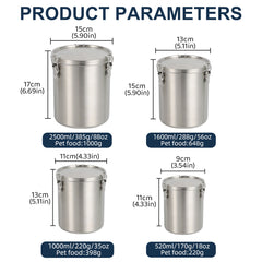 Stainless Steel Pet Food Storage Bucket Dog Cat Grain Container Bin Kitchen - 1600ml