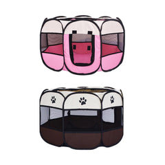 Pet Fence Indoor Cat Dog Tent Octagonal Fence Portable Foldable Cage Kennel - L-Coffee