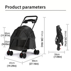 Lightweight Pet Stroller for Cats and Small Dogs Easy Fold Portable Travel Use - Black