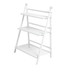 Balcony Plant Stand 3-Layer Wooden Flower Pot Corner Stand White Log Foldable - White