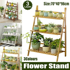 Balcony Plant Stand 3-Layer Wooden Flower Pot Corner Stand White Log Foldable - White