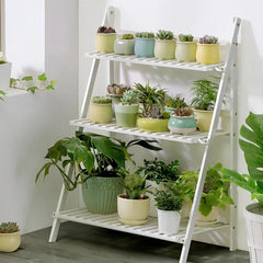 Balcony Plant Stand 3-Layer Wooden Flower Pot Corner Stand White Log Foldable - White