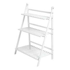 Balcony Plant Stand 3-Layer Wooden Flower Pot Corner Stand White Log Foldable - White