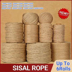 Sisal Rope Natural Jute Hemp Manila Twine String Cord 1-14mm Thick Craft DIY - 5Rolls-12MM*50M