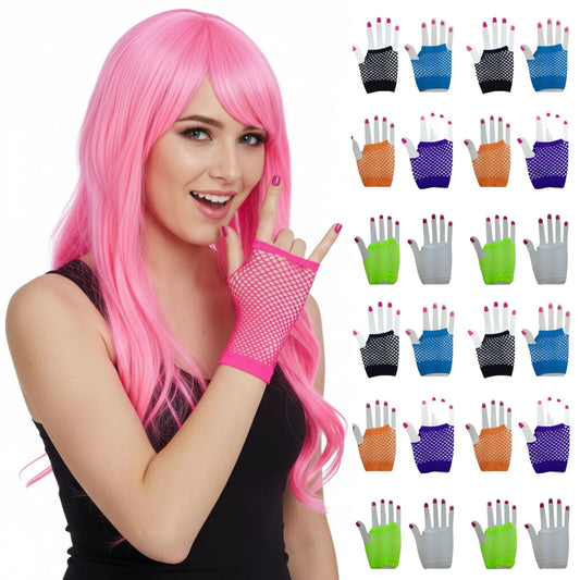 24x Fishnet Gloves Fingerless Wrist Length 70s 80s Womens Costume Party Bulk - Assorted Colour Pack