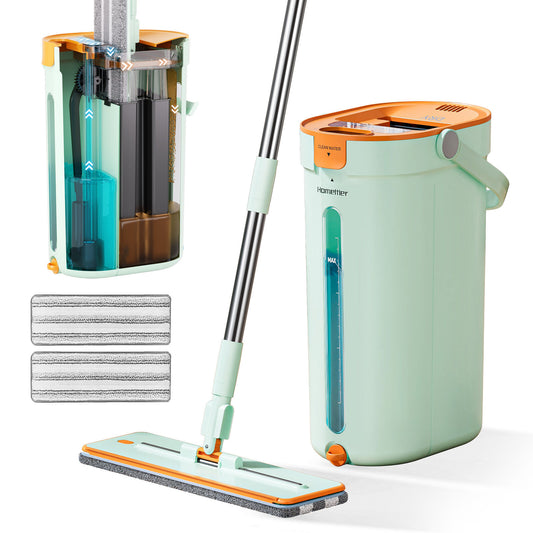 Premium Microfiber Flat Mop Bucket Set w/ Clean & Dirty Water Separation 360 Degree - Light Green