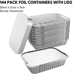 144x Aluminium Disposable Foil Food Container Trays Pans w/ Lids Covers Bulk 20x11x5cm