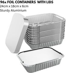 96x Aluminium Disposable Foil Food Container Trays Pans w/ Lids Covers Bulk 24cm*18cm*6cm