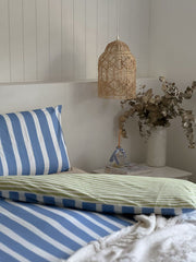 100% Cotton Duvet Quilt Cover Set w/ 2 Pillow Cases in Reversible Blue/Green/White Stripe - Queen