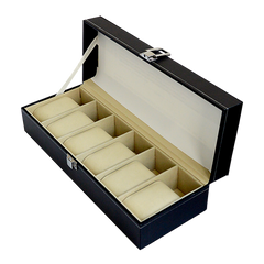 6 Slot Mens Watch Display Case Box Black PU Leather