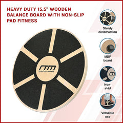 Heavy Duty 15.5" Wooden Balance Board with Non-Slip Pad for Fitness Training