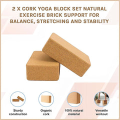2 x Cork Yoga Block Set Natural Exercise Brick Support for Balance, Stretching and Stability