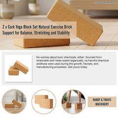 2 x Cork Yoga Block Set Natural Exercise Brick Support for Balance, Stretching and Stability