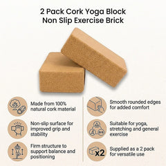 2 x Cork Yoga Block Set Natural Exercise Brick Support for Balance, Stretching and Stability
