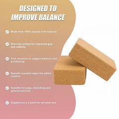 2 x Cork Yoga Block Set Natural Exercise Brick Support for Balance, Stretching and Stability