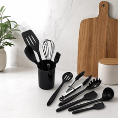Silicone Kitchen Utensil Set – Black 11-Piece Set with Holder