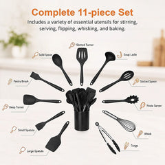 Silicone Kitchen Utensil Set – Black 11-Piece Set with Holder