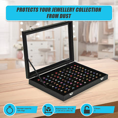 100 Slot Jewellery Display Box with Glass Lid for Rings, Earrings & Collectables