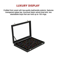 100 Slot Jewellery Display Box with Glass Lid for Rings, Earrings & Collectables