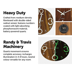 Glow In The Dark Wall Clock 30cm – Luminous Quartz Quiet Wooden Home Décor