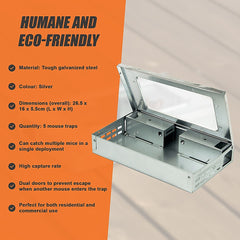 5x Humane Reusable Mice Trap Safe Live Catch Metal Mouse Catcher