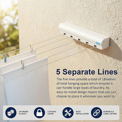 Retracting Clothesline 5 Line 18m Hanging Clothes Space Hanger