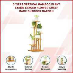 5 Tiers Vertical Bamboo Plant Stand Staged Flower Shelf Rack Outdoor Garden