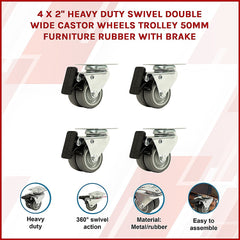 4x 2 Inch Heavy Duty Swivel Castor Wheels 50mm Brake