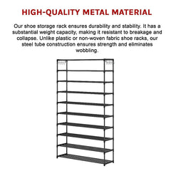 10-Tier Metal Shoe Rack Black – Large 50-Pair Shoe Storage Organiser Shelf
