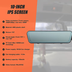 Dash Camera 1080P Front and Rear Smart Car DVR Recorder Night Vision 10"