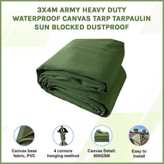 3x4M Army Heavy Duty Waterproof Canvas Tarp Tarpaulin Sun Blocked Dustproof