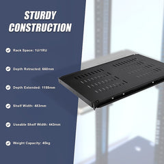 1U Sliding Server Rack Shelf 26 Inch Deep Vented for 19 Inch Cabinet