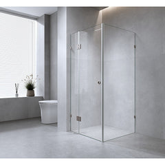 110x80cm Corner Frameless Shower Screen – Nickel Wall Channel and Floor F-Bracket with SS Hinges for Contemporary Bathrooms
