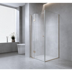 100x80cm Corner Frameless Shower Screen – Gold Wall Channel with Brass Hinges for Elegant Bathrooms