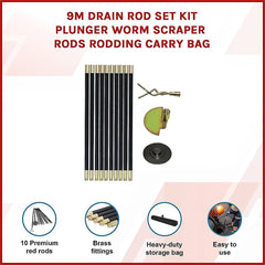 9m Drain Rod Set Kit Plunger Worm Scraper Cleaning Rods Rodding Carry Bag