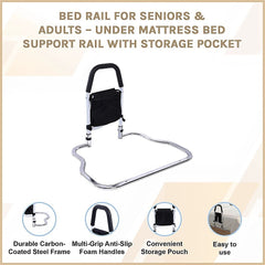 Adjustable Bed Rail with Multi-Grip Handle, Storage Pouch & Under Mattress Frame