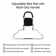 Adjustable Bed Rail with Multi-Grip Handle, Storage Pouch & Under Mattress Frame