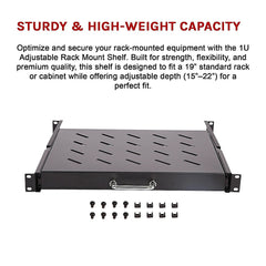 Sliding Rack Server Shelf 1U 19" 4 Post Mount – Adjustable 15" to 22" Rack Tray