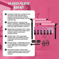 14pc Pilates Bar Kit with Resistance Bands & Belt – Home Fitness Pedal Puller