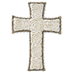 Handcrafted Weave & White Shell 'Flower' Wall Hanging Cross 16x3cm
