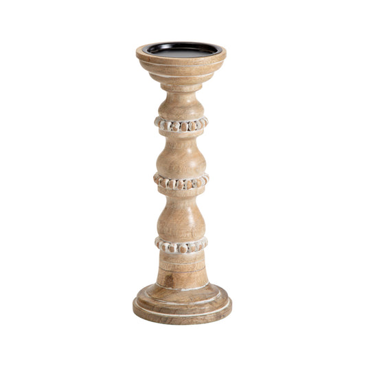 Handcrafted Mango Wood Beaded Pillar Candleholder 30cm