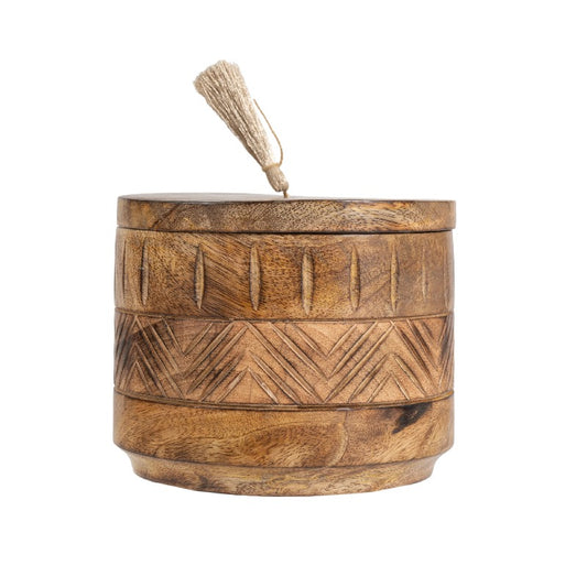 Handcrafted Round Box w Aztec Carving 15cm