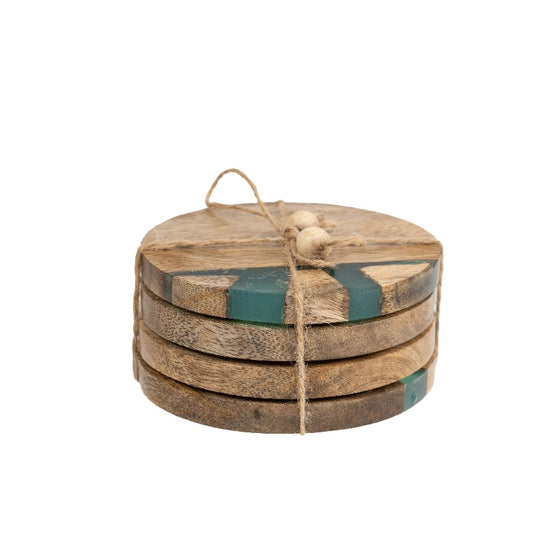 Handcrafted Coastal Finish 4pc Coaster Set w Tie 10cm