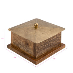 Handcrafted Square Mango Wood Box W Metal Pressed Lid 12cm