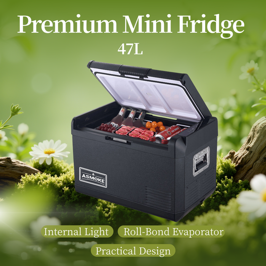ASMOKE Premium Mini Fridge | 47L Compact Refrigerator with Roll-Bond Evaporator & Internal Light for Camping, RV & BBQ