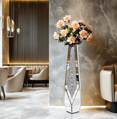 P&P Silver Sparkling Diamond Floor Vase with Glass Inlay for Modern Living Room Decoration