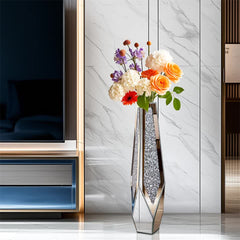 P&P Silver Sparkling Diamond Floor Vase with Glass Inlay for Modern Living Room Decoration