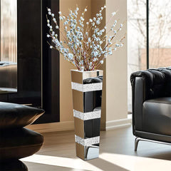 P&P Silver Crushed Diamond Flower Vase with Mirrored Glass for Elegant Home Decoration