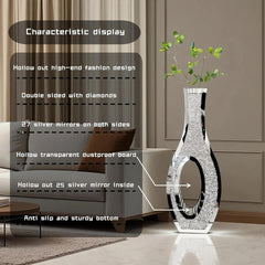 30-Inch Tall Double Sided Crushed Diamond Floor Vase Large Mirrored Silver Crystal Décor